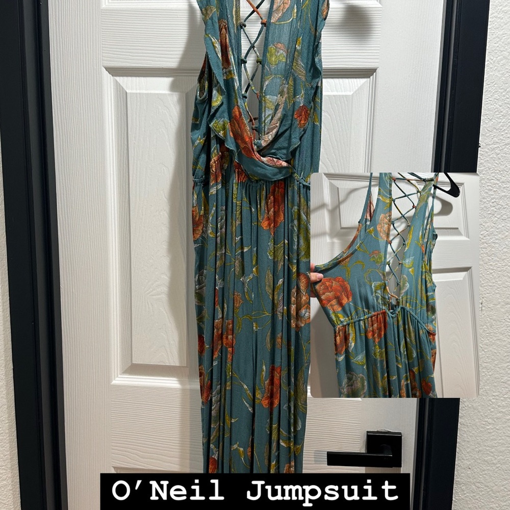 O'Neill Green and Orange Jumpsuit with Wrap Front and Tie Waist